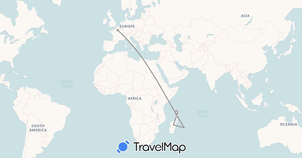 TravelMap itinerary: plane in France, Madagascar, Réunion (Africa, Europe)